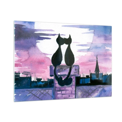 Glasbild - Bild auf glas - Silhouetten von zwei Katzen vor der untergehenden Sonne - 100x70cm - Rendez-vous unter dem Mond - Moderne Wanddekoration für Wohnzimmer und Schlafzimmer ARTTOR