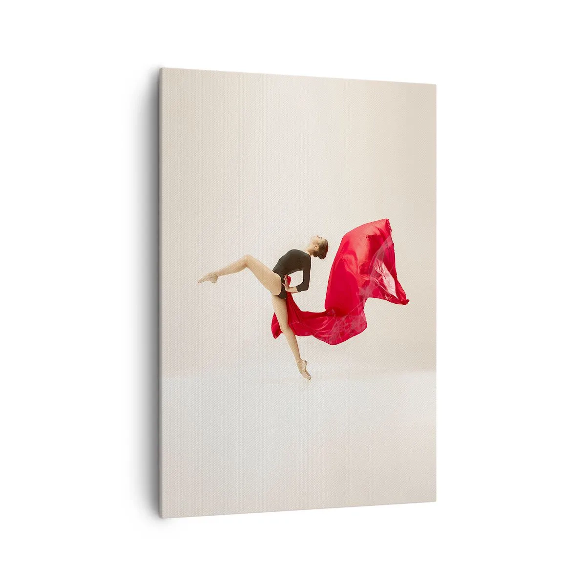 Bild auf Leinwand - Leinwandbild - Eine dynamische Tänzerin in schwarzem Outfit und rotem Stoff in Bewegung. - 70x100cm - Rot und Schwarz - Moderne Wanddekoration für Wohnzimmer und Schlafzimmer ARTTOR