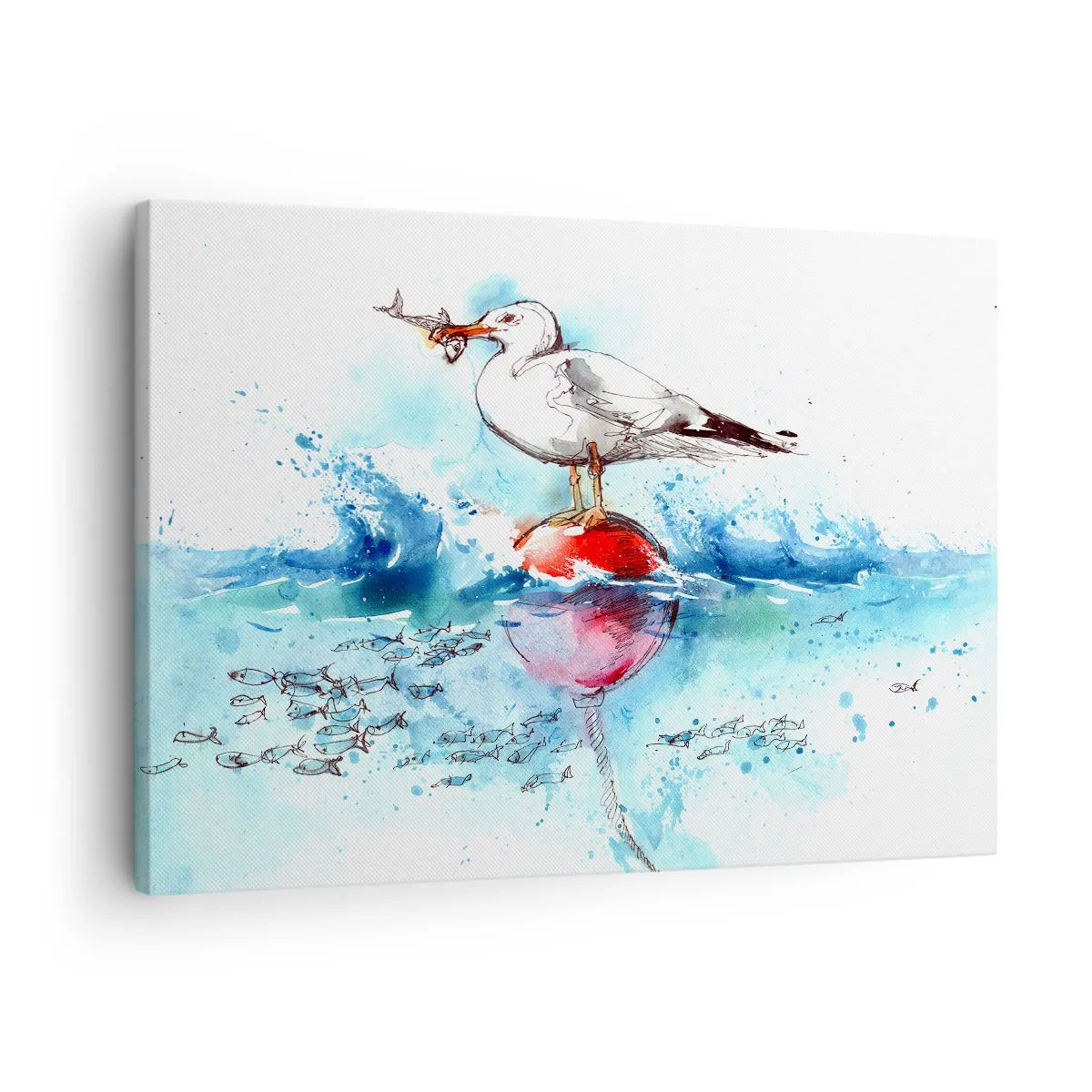 Bild auf Leinwand - Leinwandbild - Möwe auf einer Boje mit Fischen im Hintergrund im Aquarellstil - 70x50cm - Erfolgreicher Fang - Moderne Wanddekoration für Wohnzimmer und Schlafzimmer ARTTOR