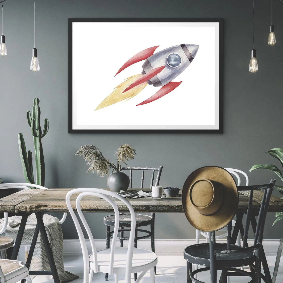 Poster in einem schwarzem Rahmen - Rakete im Aquarellstil auf weißem Hintergrund - 70x50cm - Höher, schneller, weiter - Moderne Wanddekoration für Wohnzimmer und Schlafzimmer ARTTOR