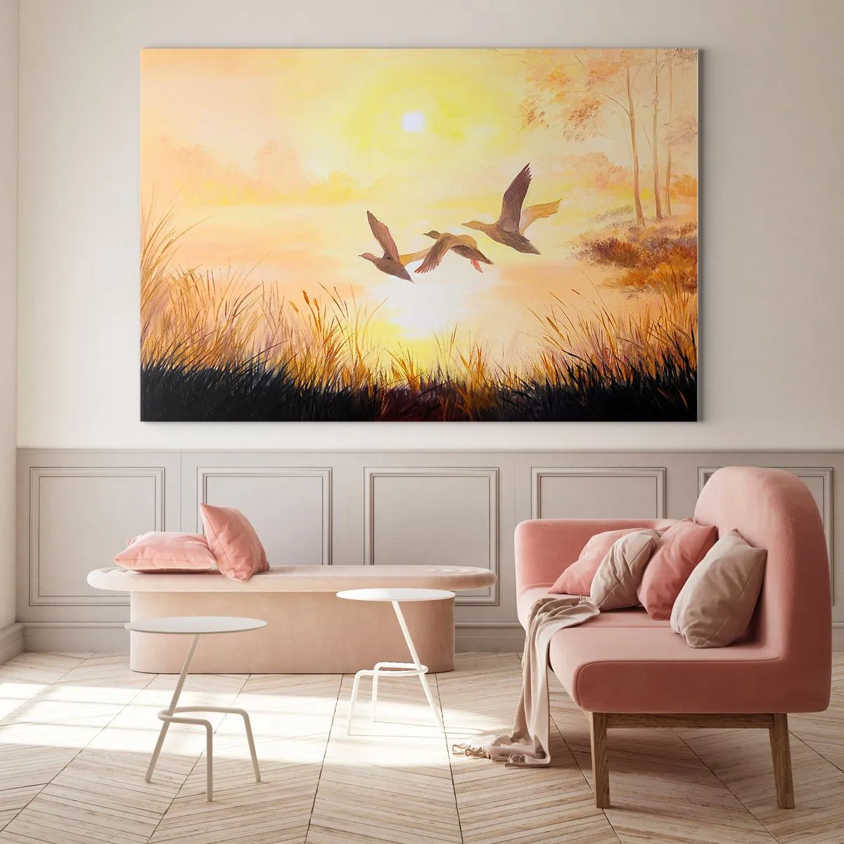 Glasbild - Bild auf glas - Drei Enten fliegen bei Sonnenaufgang über einen See - 100x70cm - Der Beginn einer langen Reise - Moderne Wanddekoration für Wohnzimmer und Schlafzimmer ARTTOR