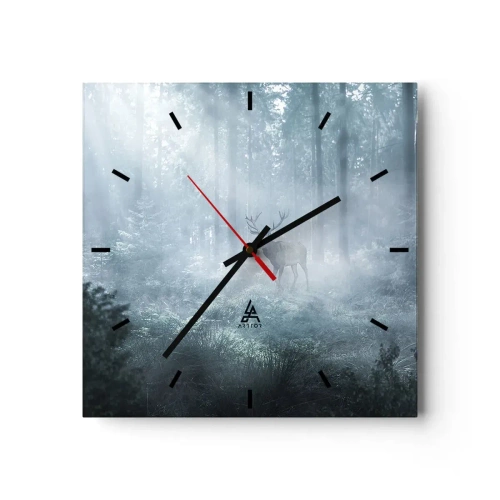 Wanduhr - Glasuhr - Ein Hirsch in einem dichten Wald, eingehüllt in Morgennebel - 30x30cm - Morgenvisite auf dem Grundstück - Moderne Wanddekoration für Wohnzimmer und Schlafzimmer ARTTOR