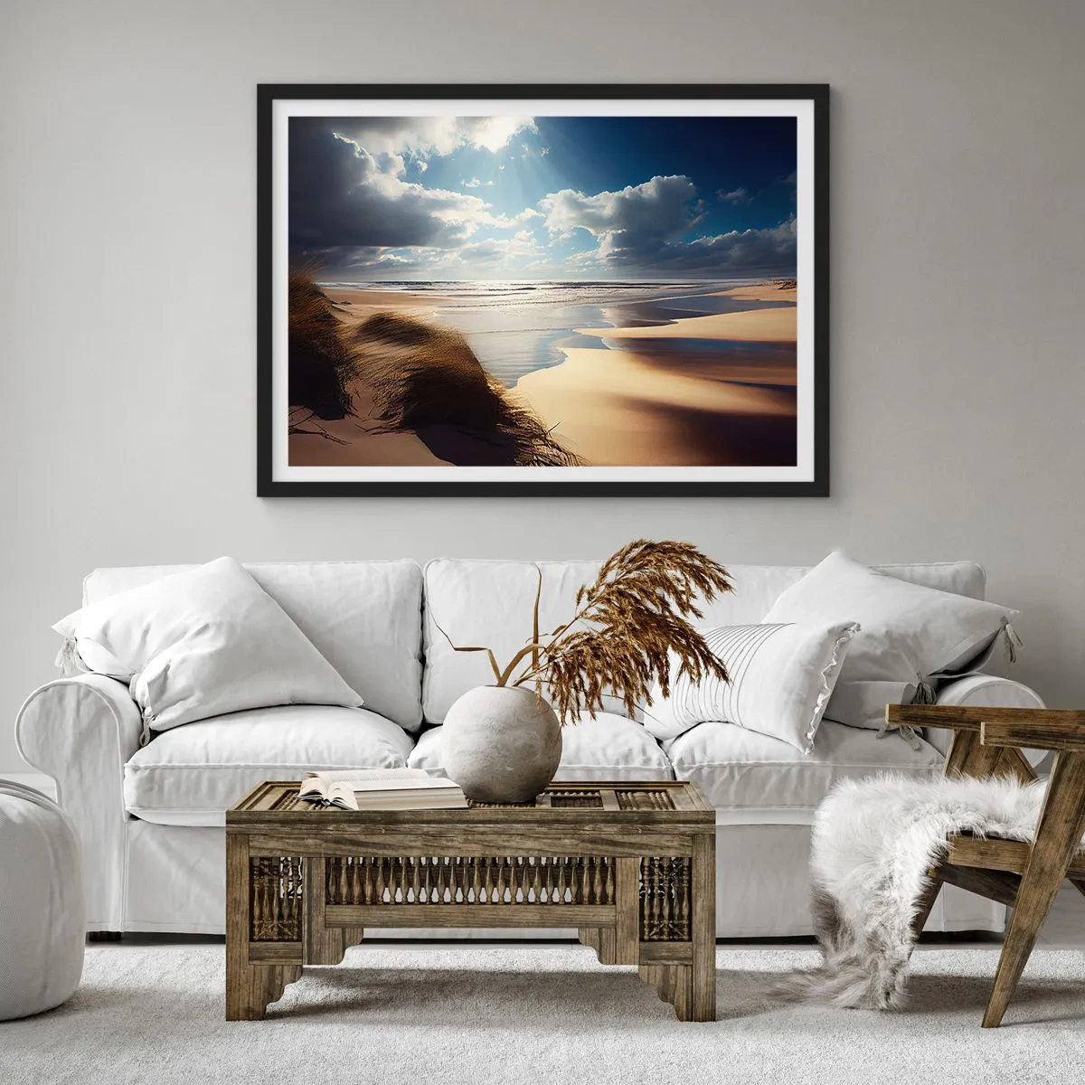 Poster in einem schwarzem Rahmen - Ein wilder Strand mit Dünen und blauem Himmel - 70x50cm - Strand, wilder Strand - Moderne Wanddekoration für Wohnzimmer und Schlafzimmer ARTTOR