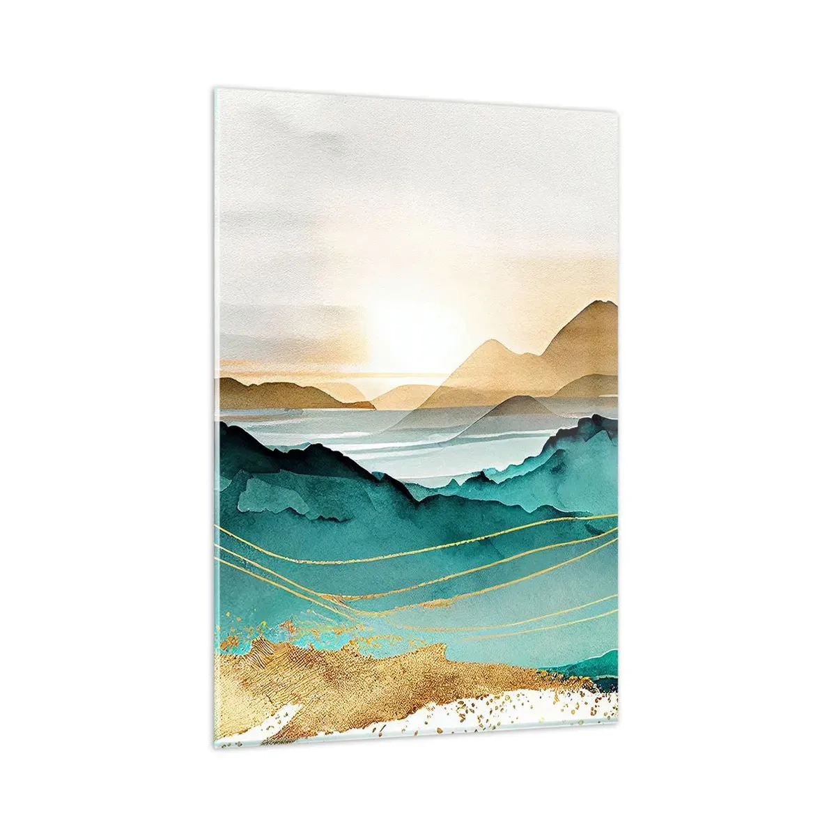 Glasbild - Bild auf glas - Abstrakte Landschaft mit Bergen und goldenen Akzenten - 80x120cm - Am Rande der Abstraktion – Landschaft - Moderne Wanddekoration für Wohnzimmer und Schlafzimmer ARTTOR