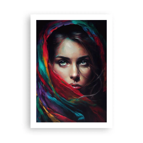 Poster - Porträt einer Frau mit buntem Schal - 50x70cm - Grünäugiges Geheimnis - Moderne Wanddekoration für Wohnzimmer und Schlafzimmer ARTTOR