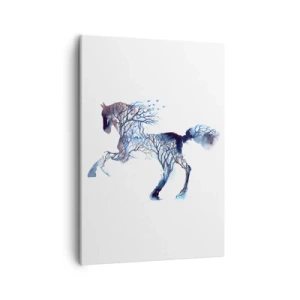Bild auf Leinwand - Leinwandbild - Künstlerische Pferdegrafik mit Baum- und Vogelmotiven - 50x70cm - Und als wäre der Wald umgezogen - Moderne Wanddekoration für Wohnzimmer und Schlafzimmer ARTTOR