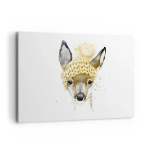 Bild auf Leinwand - Leinwandbild - Aquarell Hirsch in einer gelben Mütze - 120x80cm - Für den Winter im verschneiten Wald - Moderne Wanddekoration für Wohnzimmer und Schlafzimmer ARTTOR