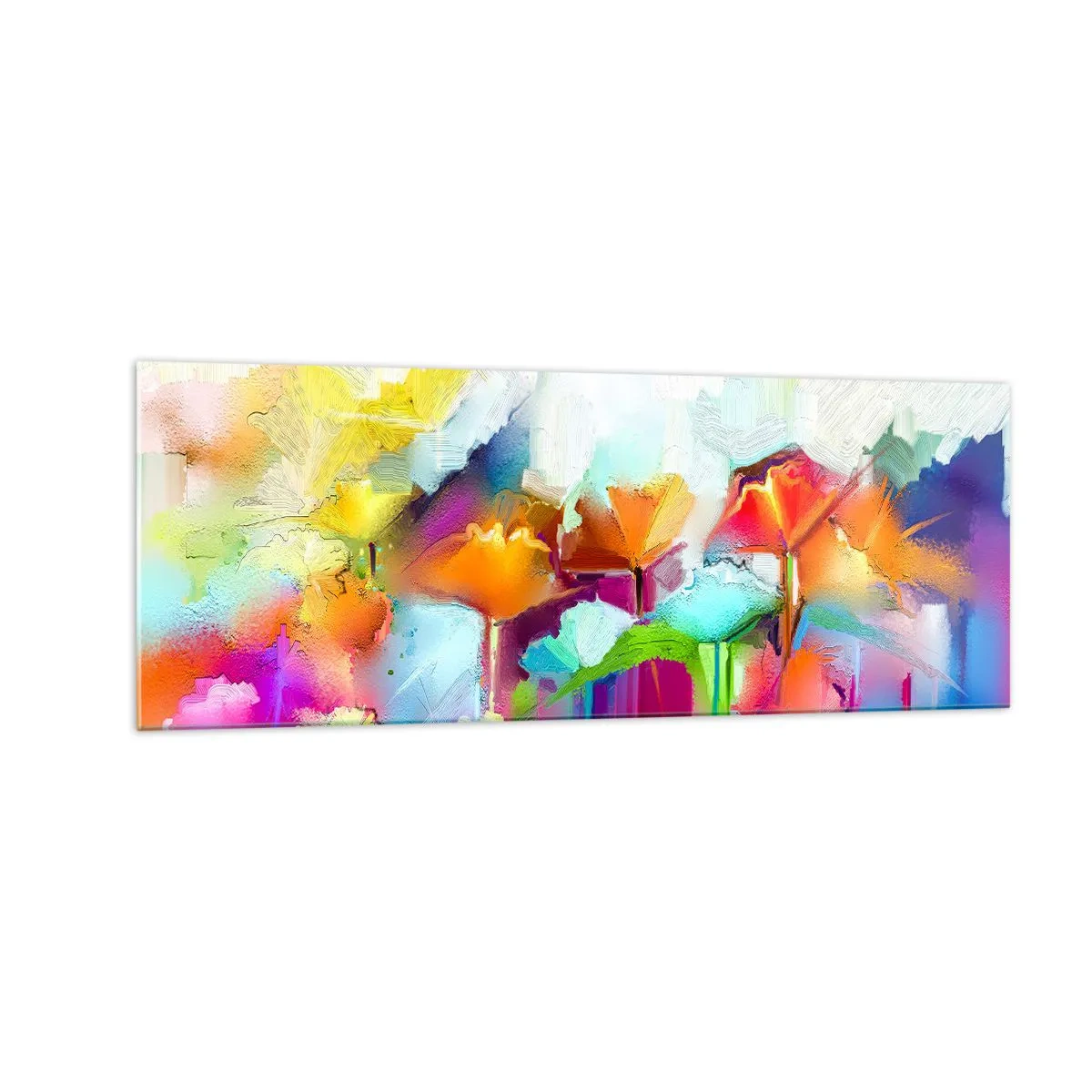 Glasbild - Bild auf glas - Abstrakte bunte Blumen auf hellem Hintergrund - 140x50cm - Der Regenbogen ist aufgeblüht - Moderne Wanddekoration für Wohnzimmer und Schlafzimmer ARTTOR