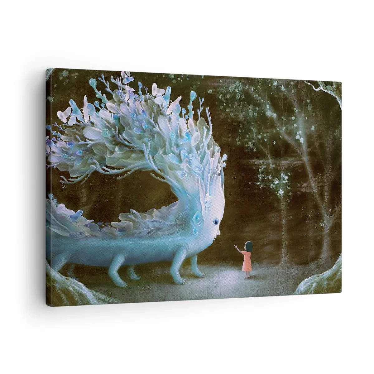 Bild auf Leinwand - Leinwandbild - Die Figur eines Mädchens, das einem fantastischen Wesen gegenübersteht - 70x50cm - Fantastisches Treffen - Moderne Wanddekoration für Wohnzimmer und Schlafzimmer ARTTOR