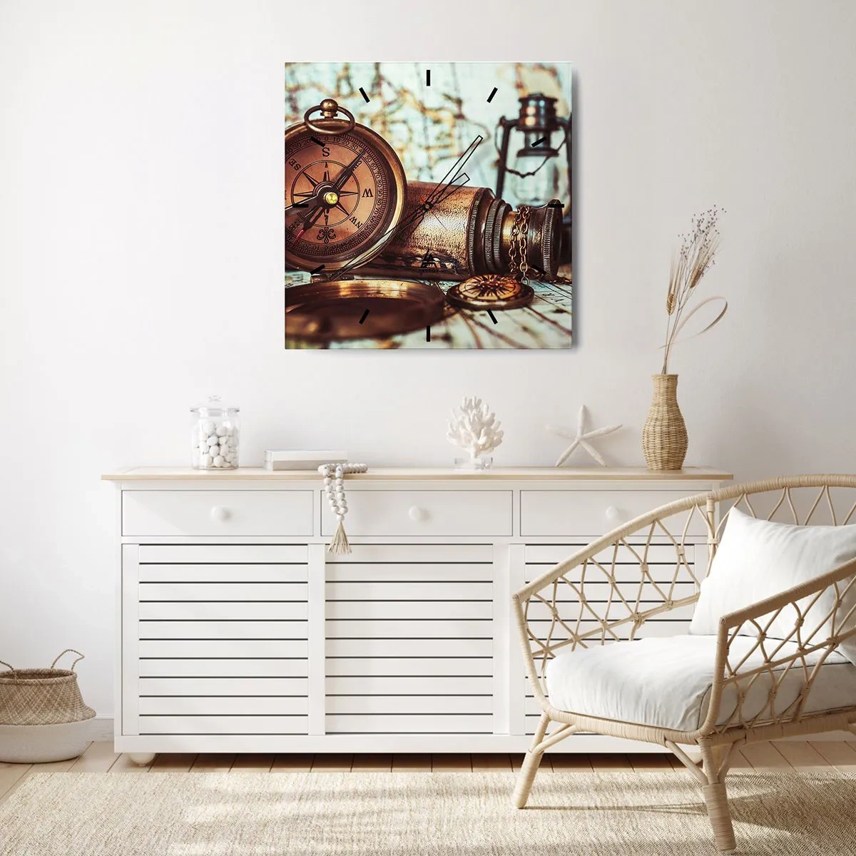 Wanduhr - Glasuhr - Ein Retro-Set mit Kompass, Teleskop und Karte im Reisethema - 30x30cm - Ein Piratenabenteuer in der Karibik wartet - Moderne Wanddekoration für Wohnzimmer und Schlafzimmer ARTTOR