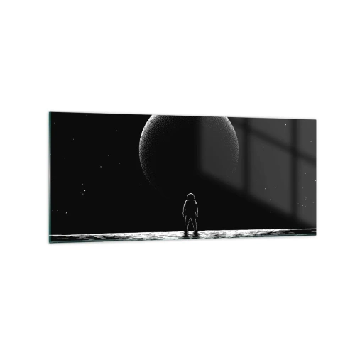 Glasbild - Bild auf glas - Ein Astronaut vor dem Hintergrund eines großen Planeten im Weltraum - 120x50cm - Angesicht zu Angesicht - Moderne Wanddekoration für Wohnzimmer und Schlafzimmer ARTTOR