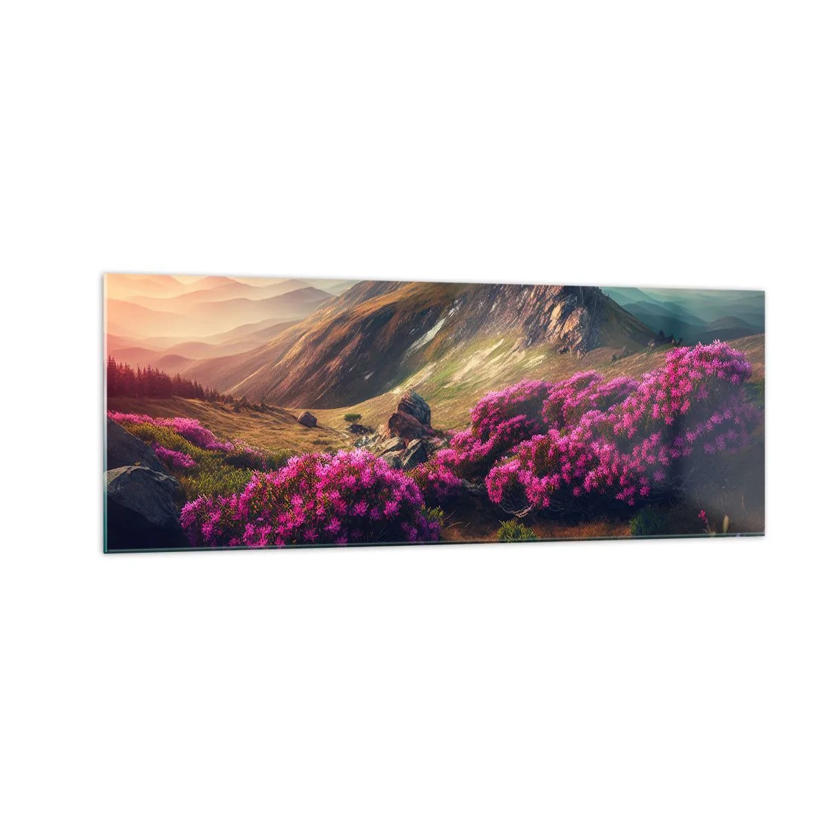 Glasbild - Bild auf glas - Berglandschaft mit blühenden Rhododendren - 140x50cm - Sommer in den Bergen - Moderne Wanddekoration für Wohnzimmer und Schlafzimmer ARTTOR