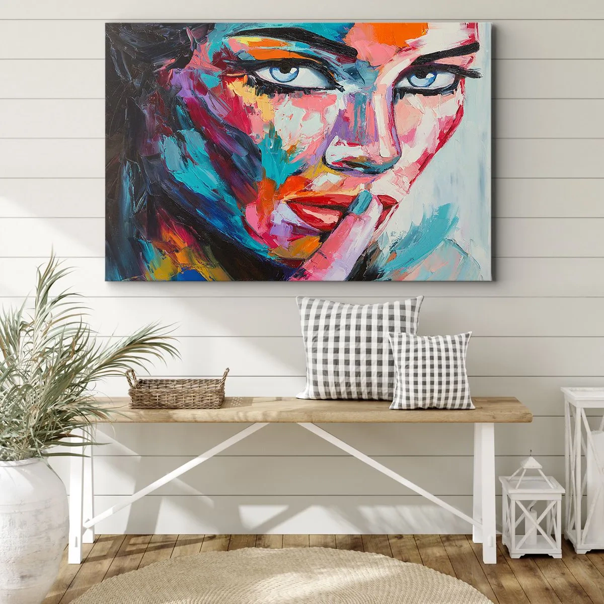 Bild auf Leinwand - Leinwandbild - Farbenfrohes Porträt einer Frau im abstrakten Stil - 70x50cm - Unser erstes Geheimnis - Moderne Wanddekoration für Wohnzimmer und Schlafzimmer ARTTOR