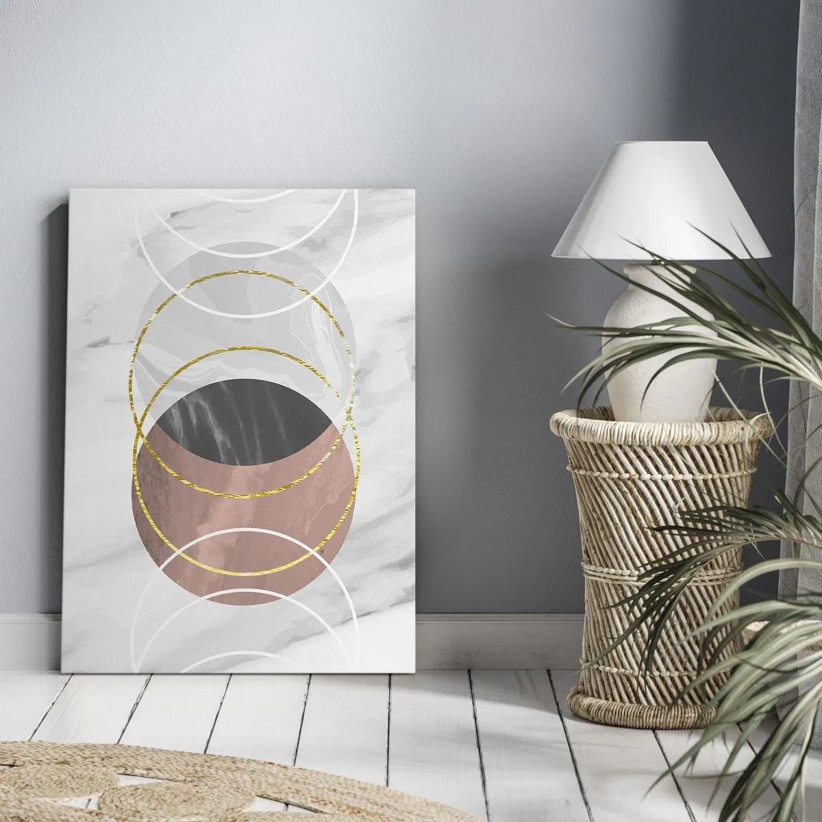 Bild auf Leinwand - Leinwandbild - Abstrakte geometrische Komposition mit Kreisen und metallischen Details - 80x120cm - Musik der Sphären - Moderne Wanddekoration für Wohnzimmer und Schlafzimmer ARTTOR