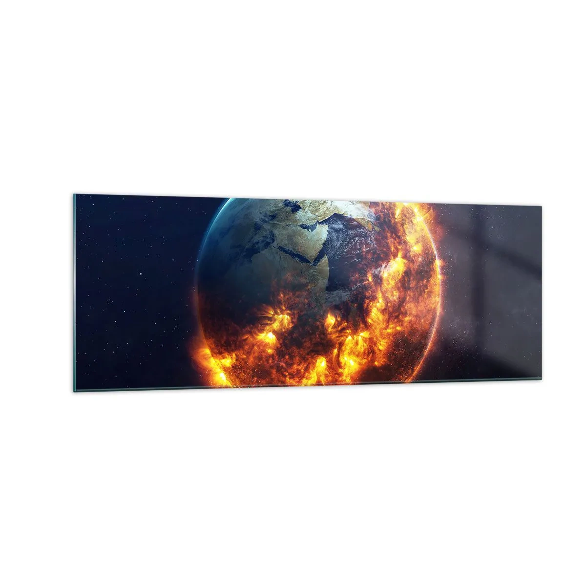 Glasbild - Bild auf glas - Der Planet Erde brennt im Weltraum - 140x50cm - Die Flamme der Apokalypse - Moderne Wanddekoration für Wohnzimmer und Schlafzimmer ARTTOR