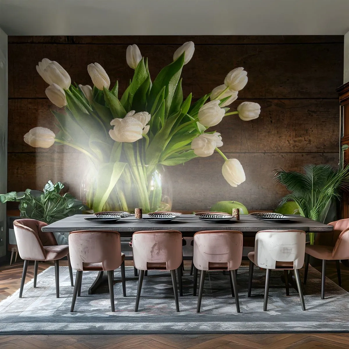 Fototapete Premium Canvas - Saftig und frisch in Grün und Weiß - Blumen, Tulpen, Blumenstrauß - 250x175 cm