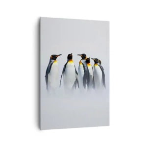Bild auf Leinwand - Leinwandbild - Eine Gruppe Kaiserpinguine im Winternebel - 70x100cm - Treffen in Abendkleidern - Moderne Wanddekoration für Wohnzimmer und Schlafzimmer ARTTOR