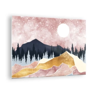 Glasbild - Bild auf glas - Berge und Wald im Mondlicht vor einem rosa Himmel - 70x50cm - Nachtwache - Moderne Wanddekoration für Wohnzimmer und Schlafzimmer ARTTOR