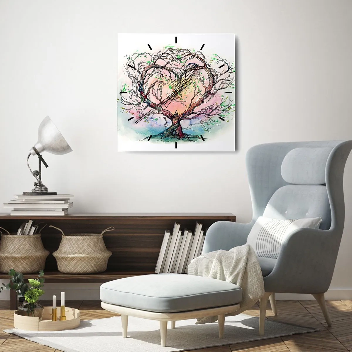 Wanduhr - Glasuhr - Ein herzförmiger Baum vor einem Hintergrund aus zarten Pastellfarben - 30x30cm - Gemeinsam gegen die Stürme - Moderne Wanddekoration für Wohnzimmer und Schlafzimmer ARTTOR