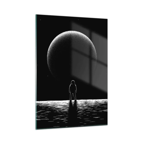 Glasbild - Bild auf glas - Astronaut steht vor einem Planeten in Schwarzweiß - 50x70cm - Angesicht zu Angesicht - Moderne Wanddekoration für Wohnzimmer und Schlafzimmer ARTTOR
