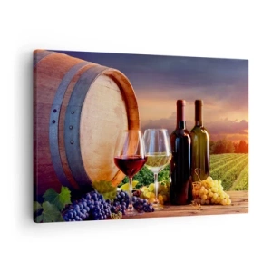 Bild auf Leinwand - Leinwandbild - Wein, Gläser und ein Fass in einer malerischen Landschaft - 70x50cm - Hier schmeckt das Leben - Moderne Wanddekoration für Wohnzimmer und Schlafzimmer ARTTOR