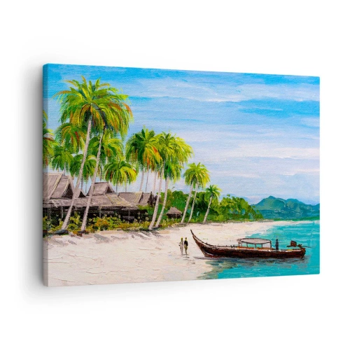 Bild auf Leinwand - Leinwandbild - Ein exotischer Strand mit Palmen und einem Boot am Ufer - 70x50cm - Exotischer Traum - Moderne Wanddekoration für Wohnzimmer und Schlafzimmer ARTTOR