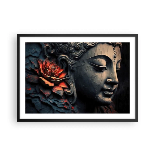 Poster in einem schwarzem Rahmen - Buddha-Skulptur mit einer roten Lotusblüte - 70x50cm - Im Einklang mit der Welt - Moderne Wanddekoration für Wohnzimmer und Schlafzimmer ARTTOR