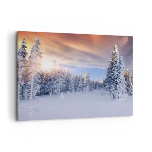 Bild auf Leinwand - Leinwandbild - Winterlandschaft mit schneebedecktem Wald bei Sonnenuntergang - 100x70cm - Ein verschneites Naturschauspiel - Moderne Wanddekoration für Wohnzimmer und Schlafzimmer ARTTOR