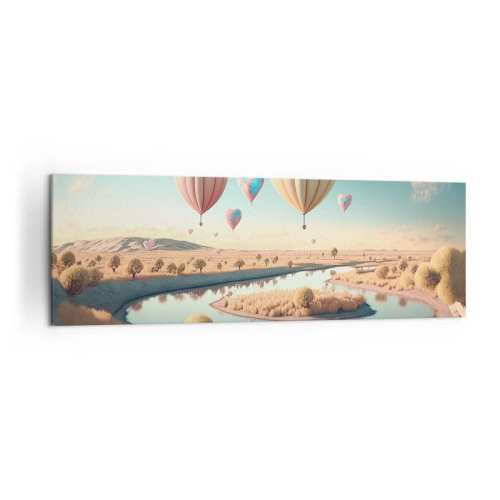Bild auf Leinwand - Leinwandbild - Herzförmige Ballons schweben über der Landschaft - 160x50cm - Dank Liebe steigt man auf - Moderne Wanddekoration für Wohnzimmer und Schlafzimmer ARTTOR