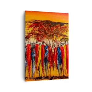 Bild auf Leinwand - Leinwandbild - Eine farbenfrohe Szene mit afrikanischen Figuren vor dem Hintergrund der untergehenden Sonne. - 70x100cm - Dort, dort, dort gehen sie - Moderne Wanddekoration für Wohnzimmer und Schlafzimmer ARTTOR