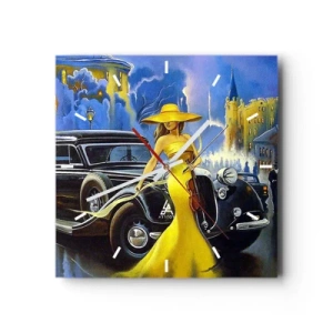 Wanduhr - Glasuhr - Eine Frau in einem gelben Kleid mit einer Geige neben einem Retro-Auto. - 30x30cm - Nocturne für Violine und Liebe - Moderne Wanddekoration für Wohnzimmer und Schlafzimmer ARTTOR