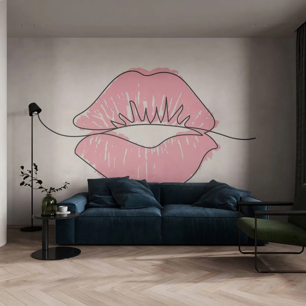 Fototapete Premium Sand - Bereit zum Küssen? - Grafik, Pinke Lippen, Stück - 350x256 cm