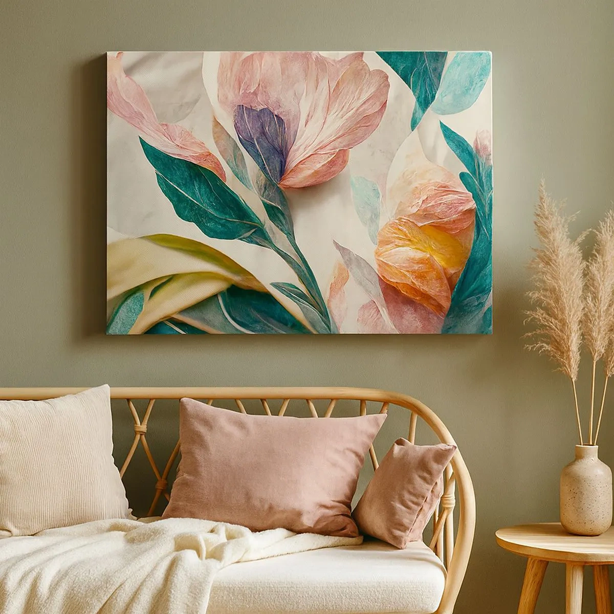 Bild auf Leinwand - Leinwandbild - Bunte Blumen im tropischen Stil auf hellem Hintergrund - 70x50cm - Blumen der südlichen Inseln - Moderne Wanddekoration für Wohnzimmer und Schlafzimmer ARTTOR