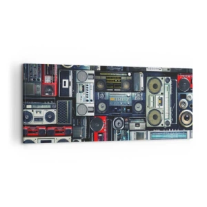 Bild auf Leinwand - Leinwandbild - Eine Collage aus Retro-Tonbandgeräten und Vintage-Lautsprechern. - 120x50cm - Sehnsucht nach den 1980er Jahren - Moderne Wanddekoration für Wohnzimmer und Schlafzimmer ARTTOR