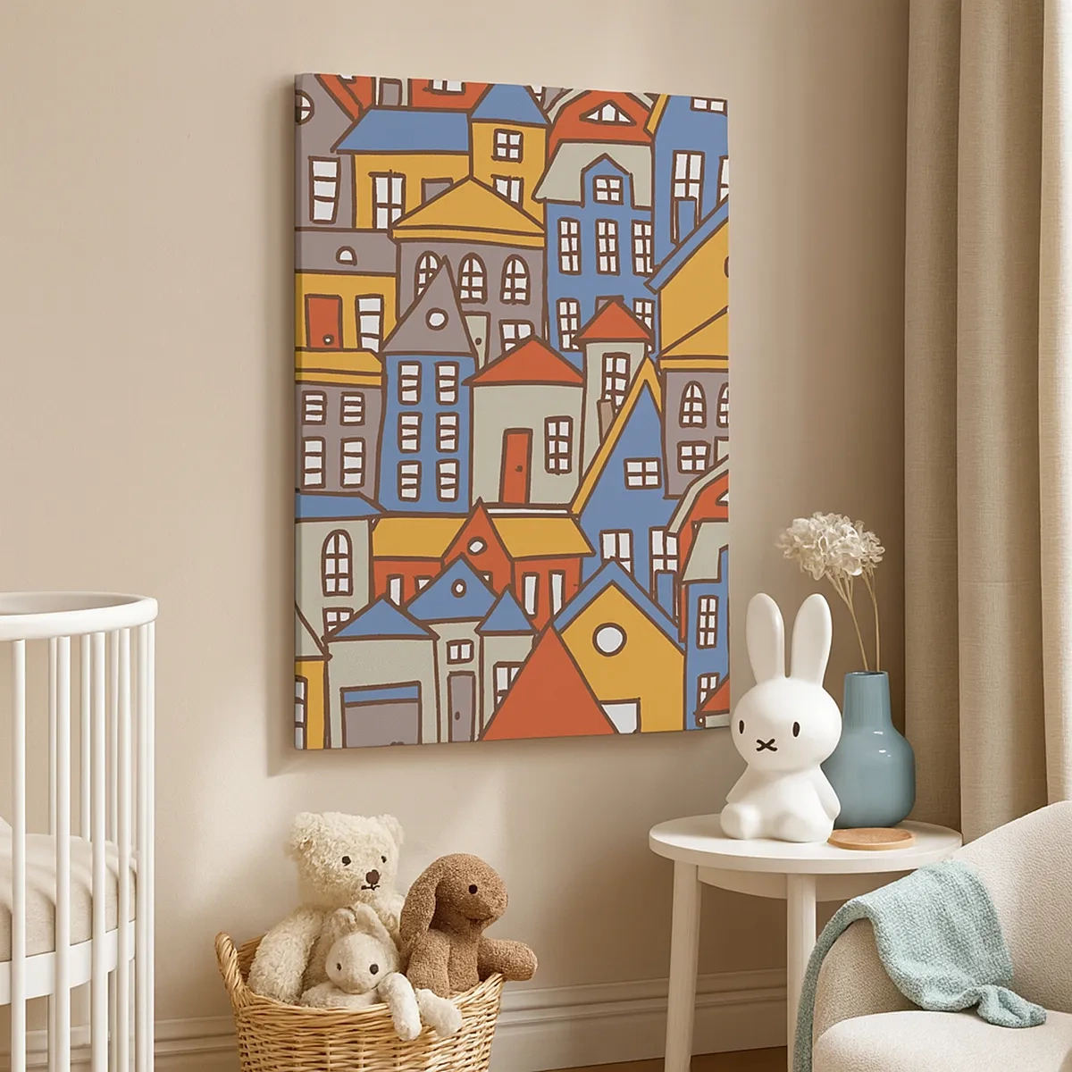 Bild auf Leinwand - Leinwandbild - Bunte Häuser im grafischen Stil auf hellem Hintergrund - 50x70cm - Hinter dem Haus ist das Haus - Moderne Wanddekoration für Wohnzimmer und Schlafzimmer ARTTOR