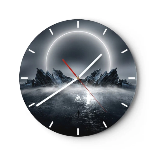 Wanduhr - Glasuhr - Futuristische Landschaft mit Sonnenfinsternis und scharfen Felsen - 30x30cm - Ende der Geschichte - Moderne Wanddekoration für Wohnzimmer, Küche und Schlafzimmer ARTTOR