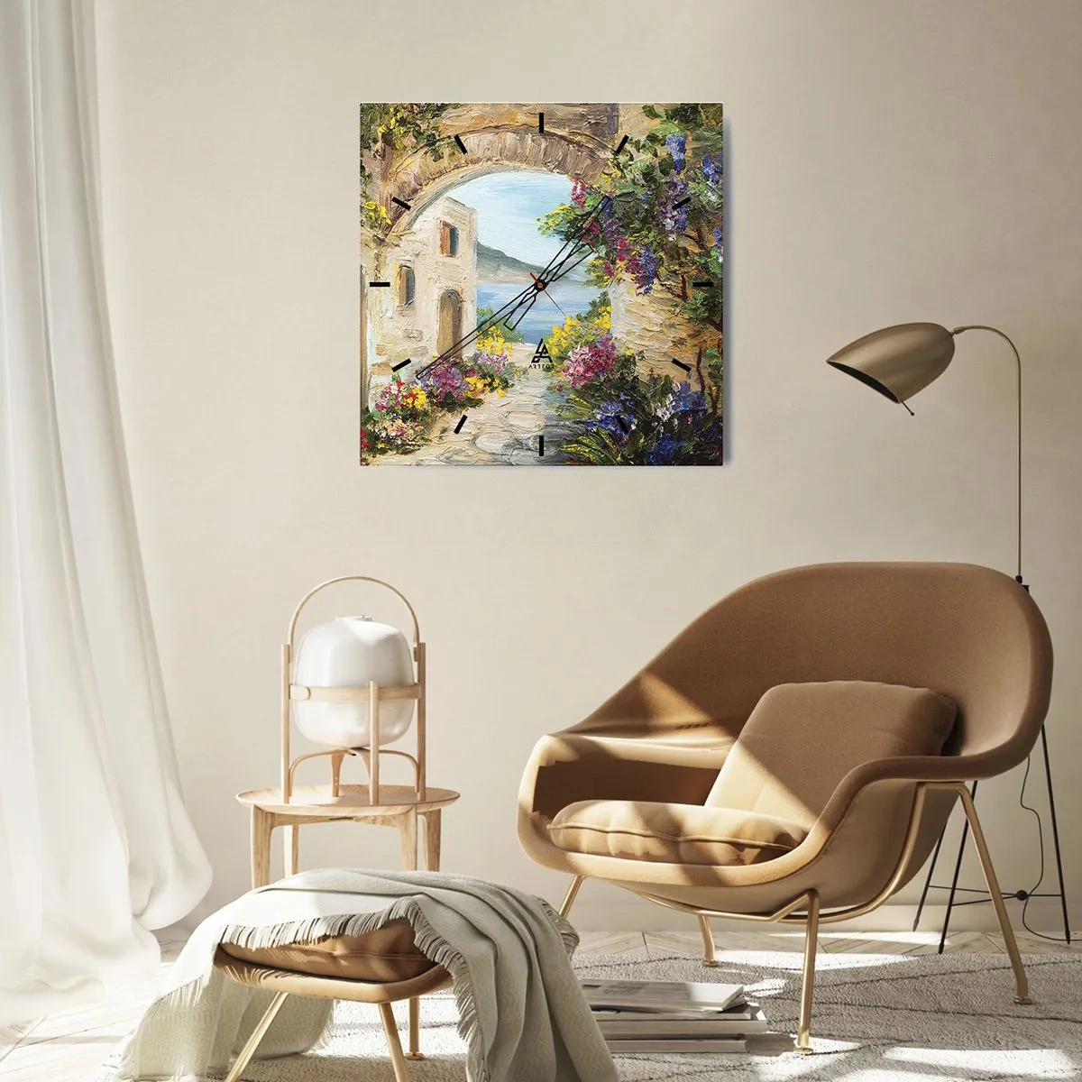 Wanduhr - Glasuhr - Küstenlandschaft mit Steingebäuden und Blumen - 30x30cm - Charme einer Küstenprovinz - Moderne Wanddekoration für Wohnzimmer und Schlafzimmer ARTTOR