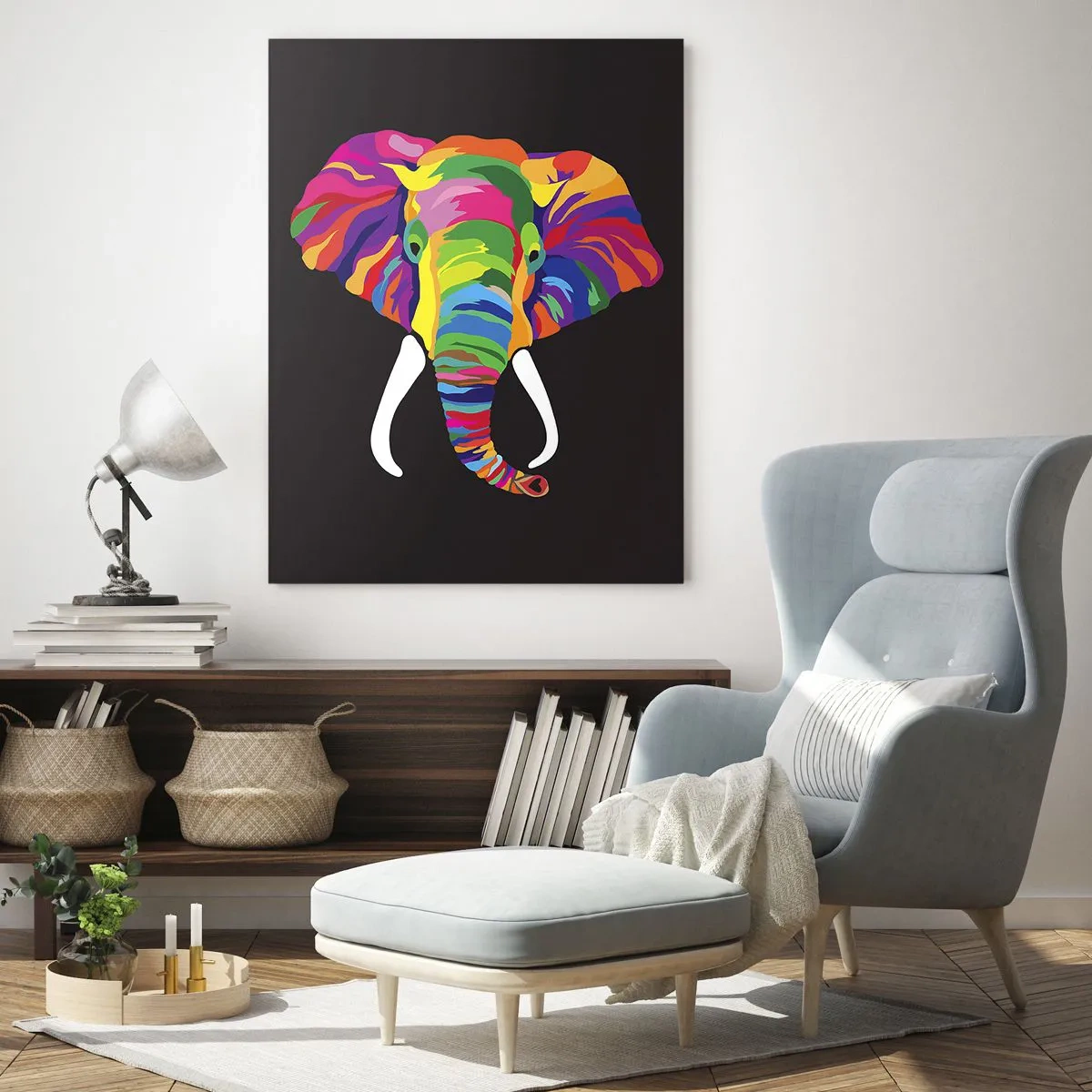 Glasbild - Bild auf glas - Ein buntes Bild eines Elefanten auf schwarzem Hintergrund - 70x100cm - Der Elefant, der es liebte, im Regenbogen zu baden - Moderne Wanddekoration für Wohnzimmer und Schlafzimmer ARTTOR