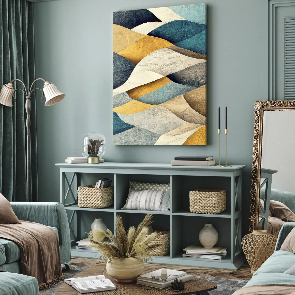 Bild auf Leinwand - Leinwandbild - Abstrakte Wellen in Blau- und Goldtönen - 50x70cm - Rhythmus und Welle - Moderne Wanddekoration für Wohnzimmer und Schlafzimmer ARTTOR