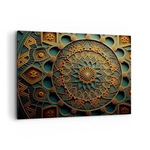 Bild auf Leinwand - Leinwandbild - Ein goldenes Mandala auf türkisfarbenem Hintergrund mit vielen Details. - 100x70cm - In arabischer Atmosphäre - Moderne Wanddekoration für Wohnzimmer und Schlafzimmer ARTTOR