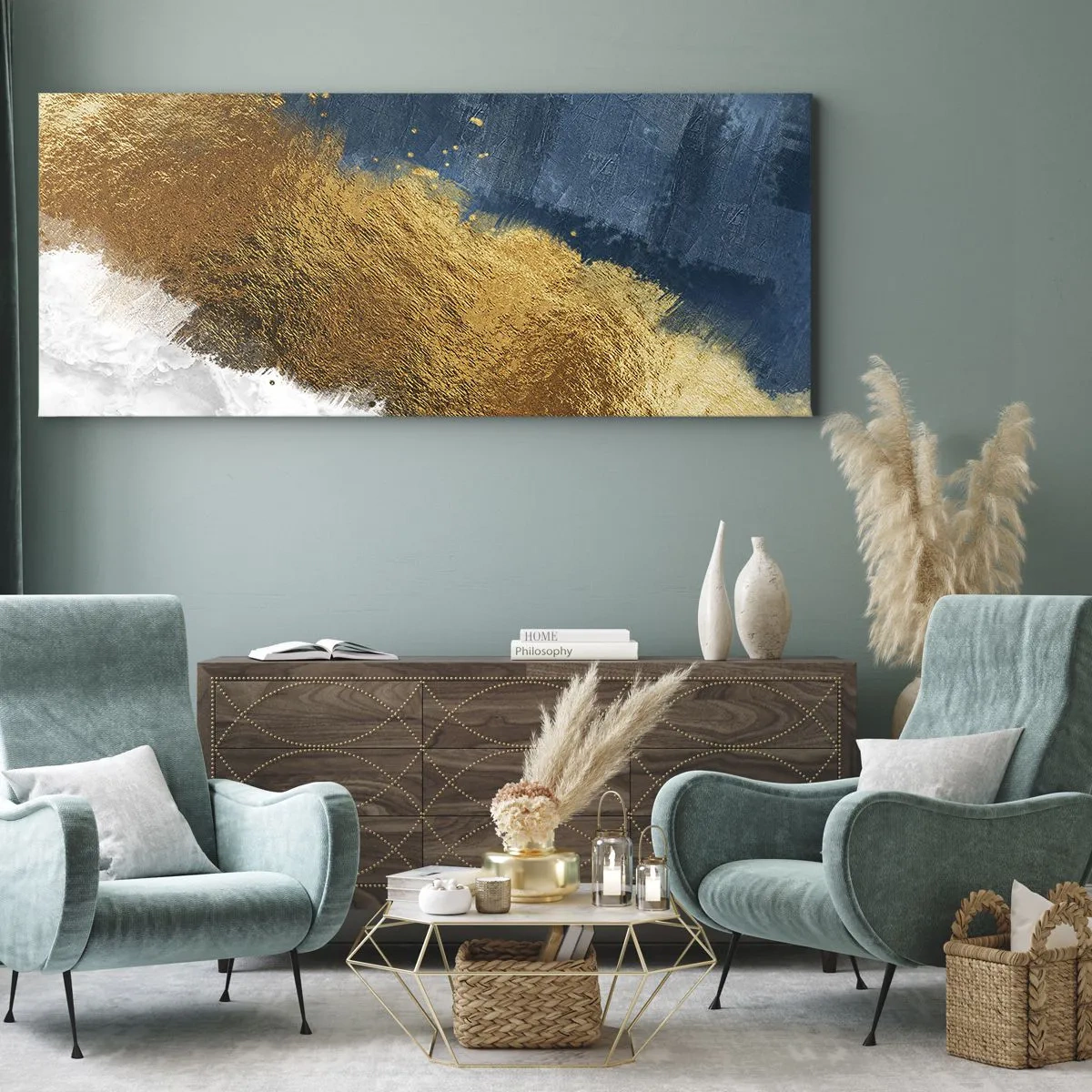 Bild auf Leinwand - Leinwandbild - Eine abstrakte Komposition in Gold-, Blau- und Weißtönen. - 120x50cm - Farben des Sommers - Moderne Wanddekoration für Wohnzimmer und Schlafzimmer ARTTOR