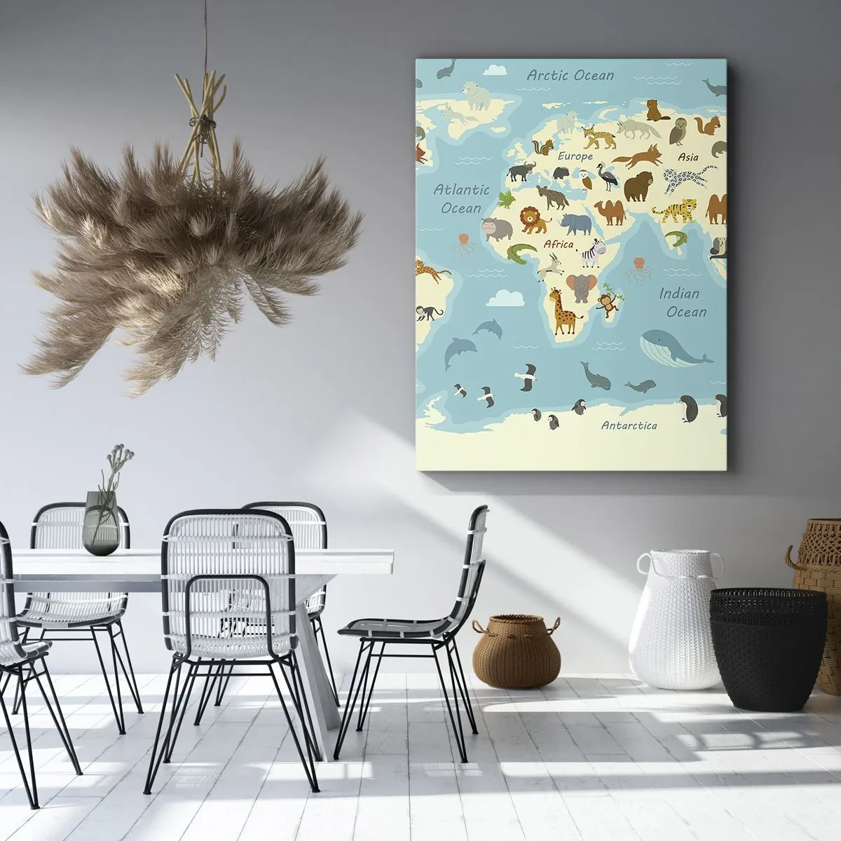 Bild auf Leinwand - Leinwandbild - Weltkarte mit Tierillustrationen - 50x70cm - Gute Nachbarn - Moderne Wanddekoration für Wohnzimmer und Schlafzimmer ARTTOR