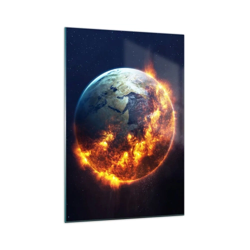 Glasbild - Bild auf glas - Der Planet Erde brennt im Weltraum - 70x100cm - Die Flamme der Apokalypse - Moderne Wanddekoration für Wohnzimmer und Schlafzimmer ARTTOR