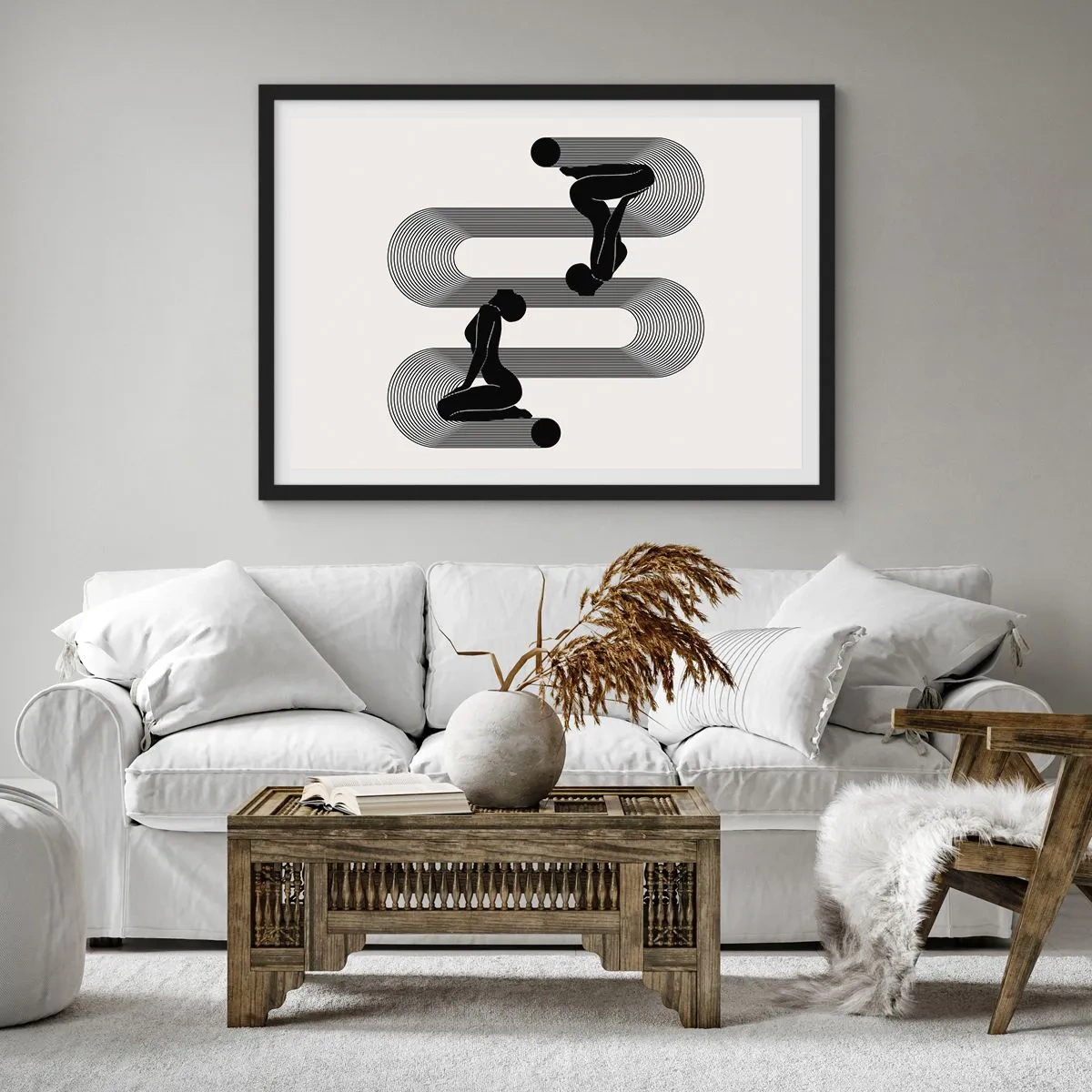 Poster in einem schwarzem Rahmen - Schwarze Silhouetten mit geometrischen Linien auf hellem Hintergrund - 70x50cm - Sinnliche Symmetrie - Moderne Wanddekoration für Wohnzimmer und Schlafzimmer ARTTOR
