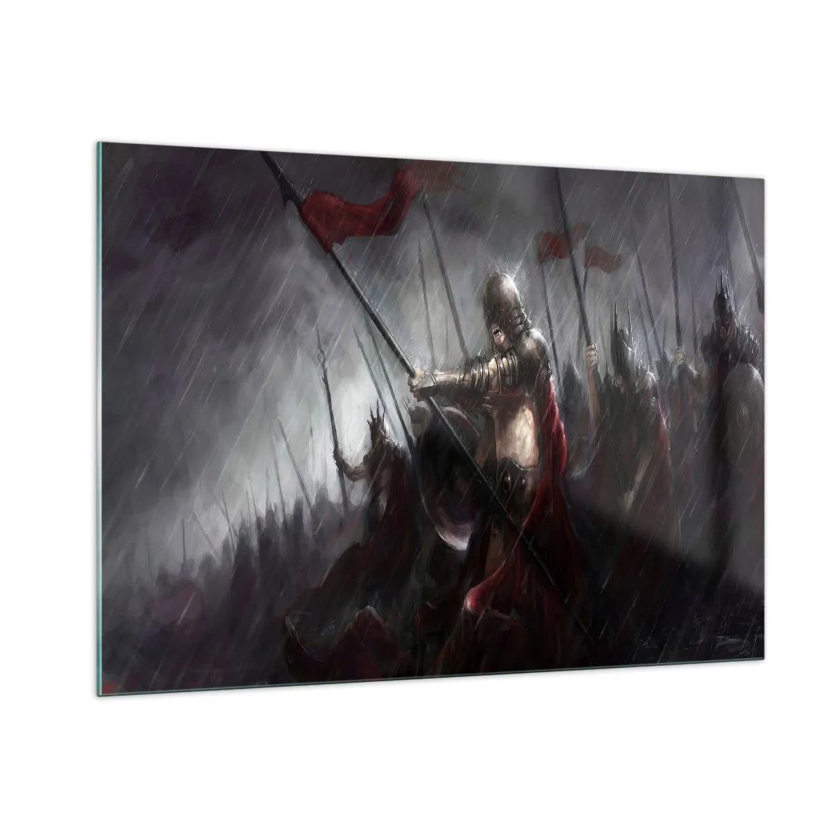 Glasbild - Bild auf glas - Ritter im Regen auf dem Schlachtfeld in voller Montur - 100x70cm - Passant, sag Sparta ... - Moderne Wanddekoration für Wohnzimmer und Schlafzimmer ARTTOR