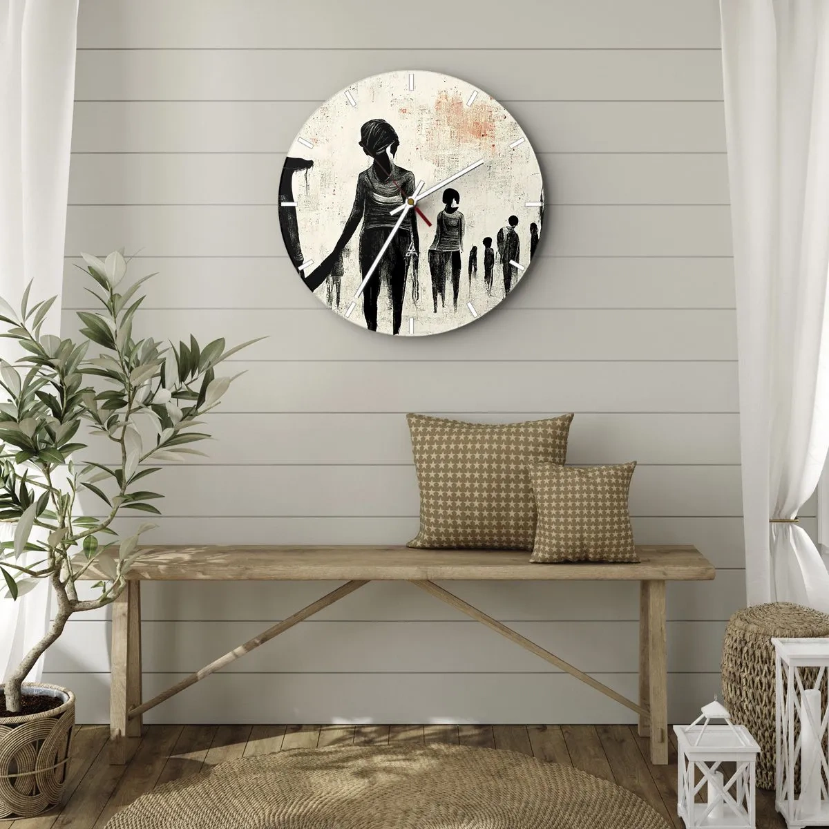 Wanduhr - Glasuhr - Silhouetten von Figuren in dunklen Farben auf hellem Hintergrund - 30x30cm - Gegen die Einsamkeit - Moderne Wanddekoration für Wohnzimmer, Küche und Schlafzimmer ARTTOR