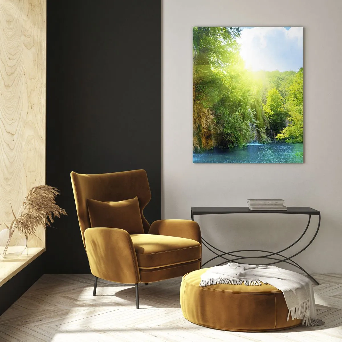 Glasbild - Bild auf glas - Ein Wasserfall, der in einen türkisfarbenen See fließt, umgeben von Grün - 80x120cm - Es muss Eden sein - Moderne Wanddekoration für Wohnzimmer und Schlafzimmer ARTTOR