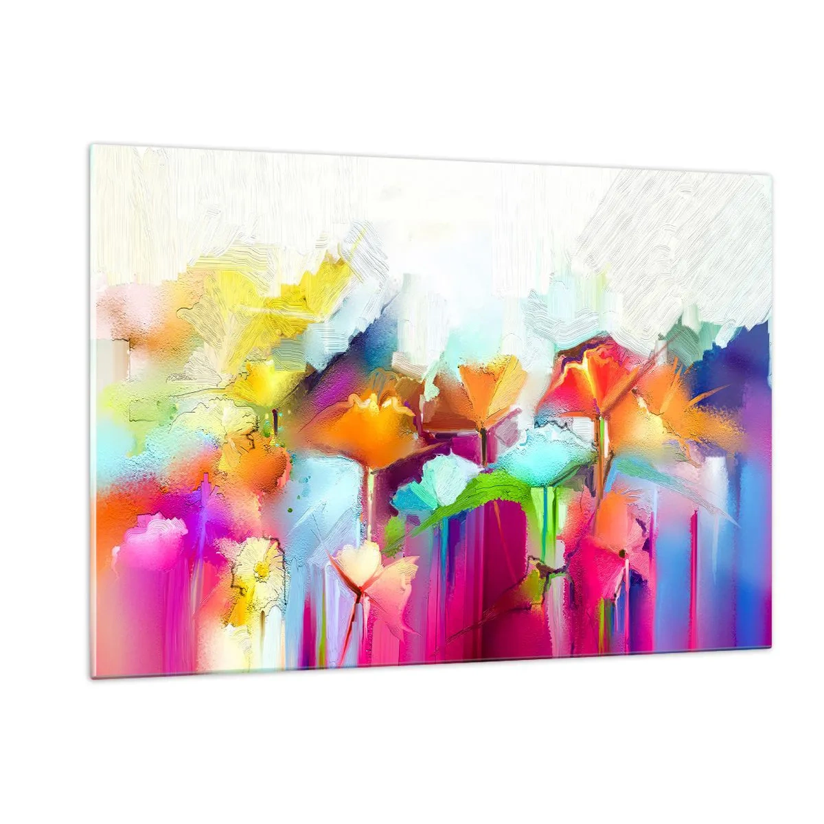 Glasbild - Bild auf glas - Abstrakte Blumen in intensiven Regenbogenfarben - 120x80cm - Der Regenbogen ist aufgeblüht - Moderne Wanddekoration für Wohnzimmer und Schlafzimmer ARTTOR