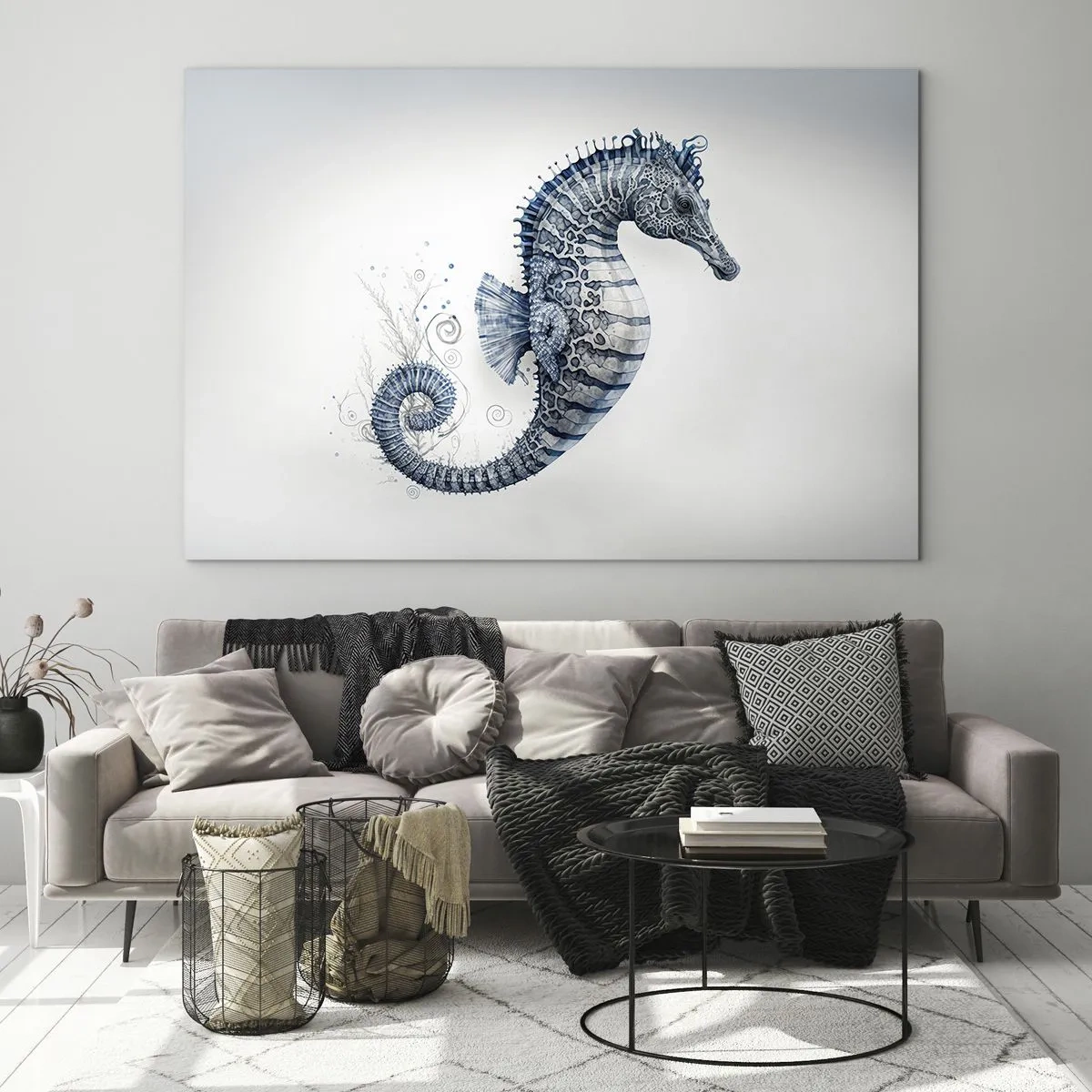 Glasbild - Bild auf glas - Blaues Seepferdchen auf hellem Hintergrund im Zeichenstil - 70x50cm - Subtiler Witz der Natur - Moderne Wanddekoration für Wohnzimmer und Schlafzimmer ARTTOR