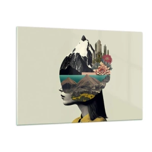 Glasbild - Bild auf glas - Silhouette einer Frau mit einer Berglandschaft und Flora im Kopf - 120x80cm - Frau – bleibt immer ein Geheimnis - Moderne Wanddekoration für Wohnzimmer und Schlafzimmer ARTTOR